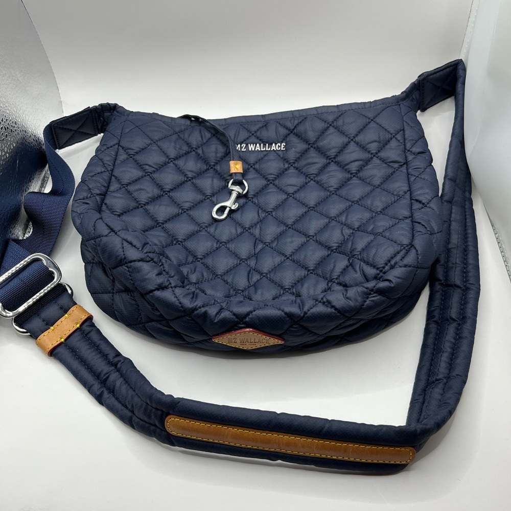 MZ Wallace Quilted Navy Blue Shoulder/Crossbody Bag with Tan Leather Trim - Picture 7 of 16